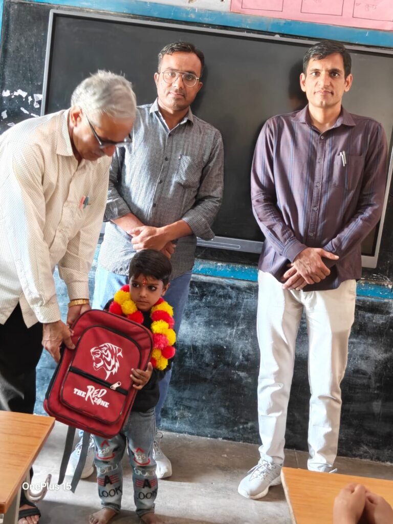 Student receiving school bag support